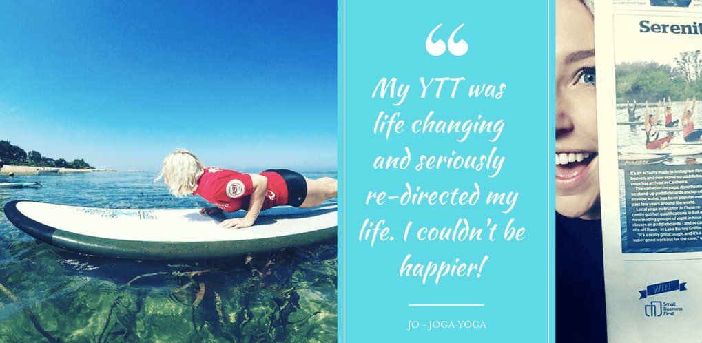 yoga teacher training graduate Jo on SUP board