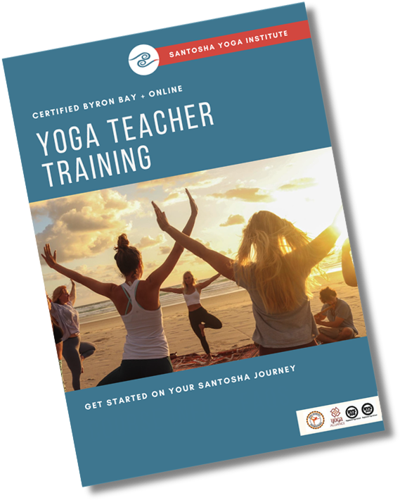 A promotional image for Byron Bay Yoga Teacher Training by Santosha Yoga Institute. It features a group of people practicing yoga on a beach at sunset, with the text 