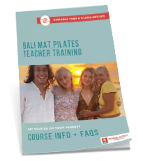 Cover of the Bali Mat Pilates Teacher Training course guide showing smiling students at sunset