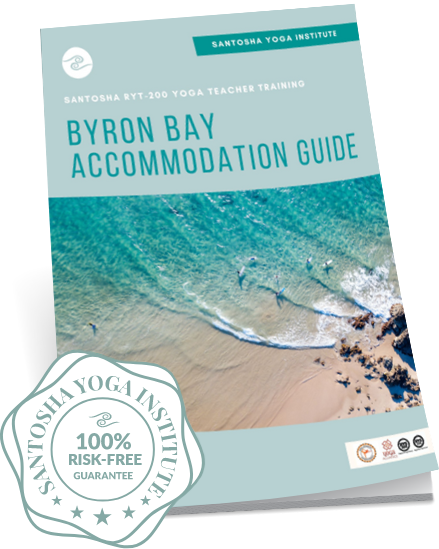 Byron Bay Accommodation Guide booklet with a beach aerial view and 100% risk-free guarantee badge