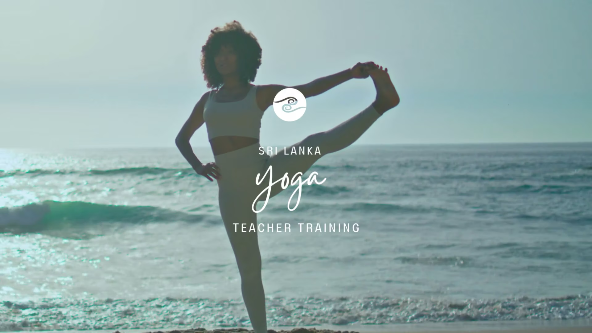 Woman practicing yoga pose on a beach at sunset with the text 'Sri Lanka Yoga Teacher Training' overlaid, representing Santosha Yoga Institute.