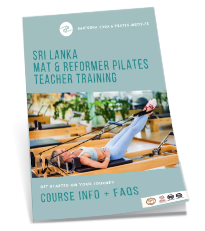 Cover of the Sri Lanka Mat & Reformer Pilates Teacher Training course guide featuring a woman on a reformer machine