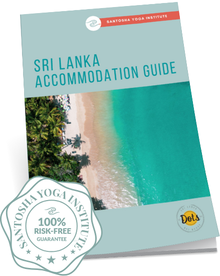 Cover of the Sri Lanka Accommodation Guide by Santosha Yoga Institute, featuring a tropical beach and 100% risk-free guarantee badge.