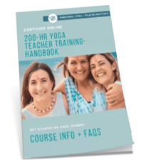 Handbook cover for Certified Online 200-Hour Yoga Teacher Training featuring smiling women and course info FAQs.